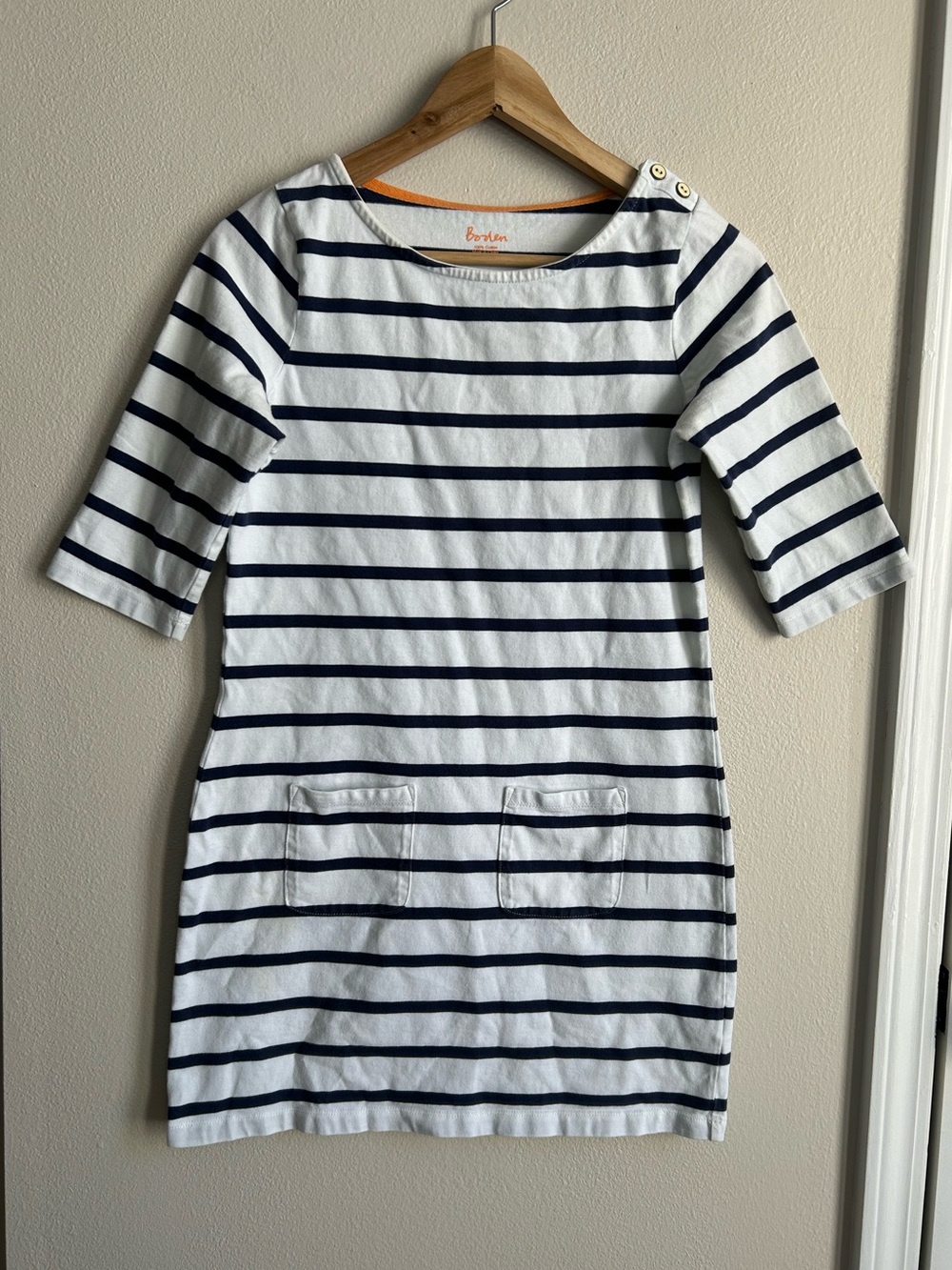 Boden Striped Navy and White Boatneck Tunic Dress with Pockets